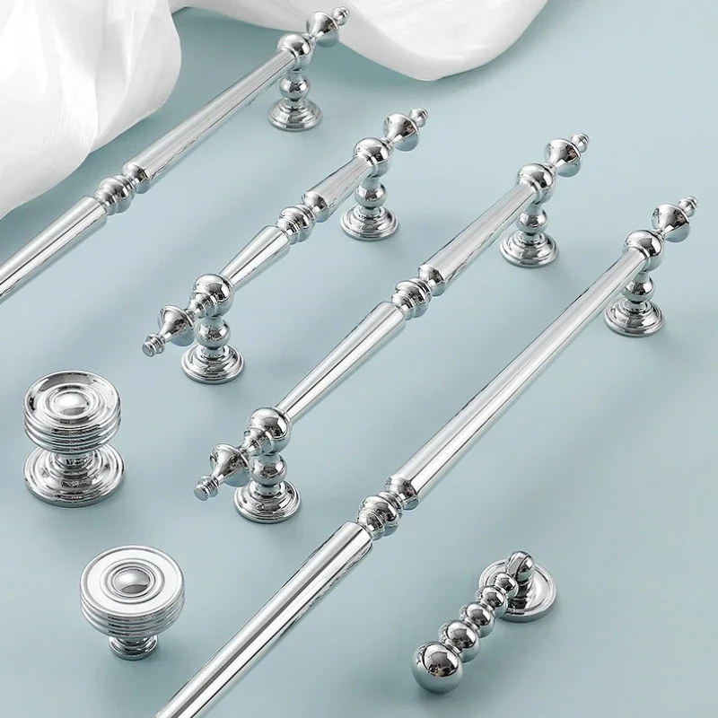 French Bright Silver Cabinet Handle Creative European Drawer Pulls American High End Hardware Furniture Chrome Plated Handles