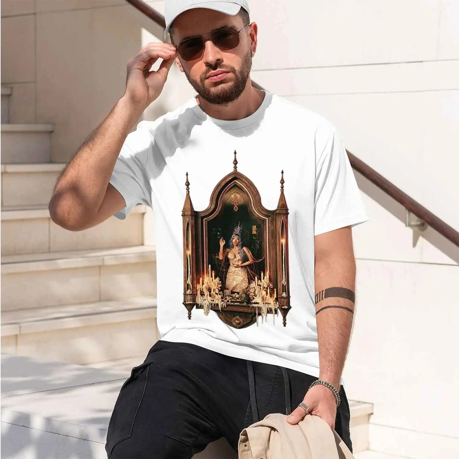 Goth Fantasy Style Men's T-Shirt Vintage Woman In Ornate Shrine With Candles And Crown Autumn Winter Gift For Goth Fashion Lover