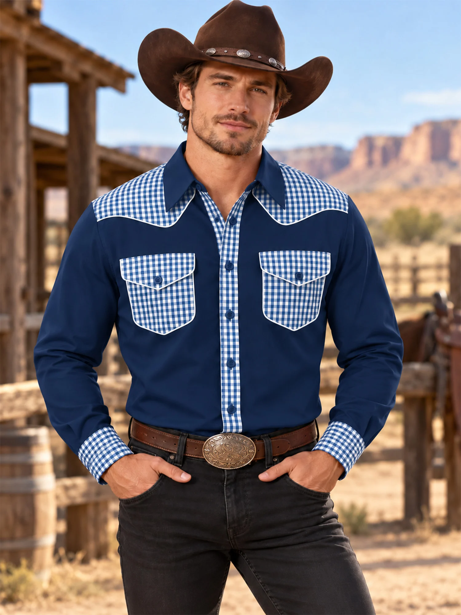 Men Western Cowboy Plaid Patchwork Tee Shirts Turn-down Collar Long Sleeve Button Top with Flap Pockets for Themed Party Casual