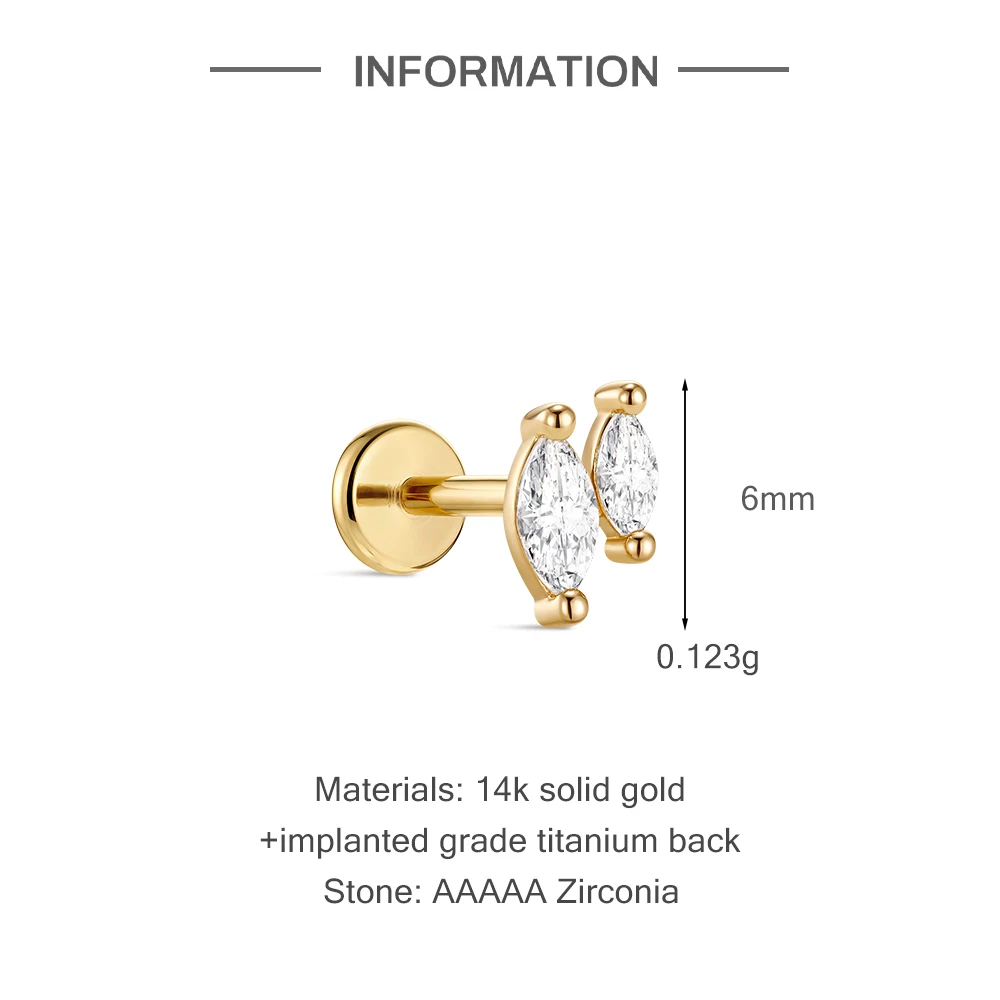Aide 14K Soild Gold Earrings For Women Implanted Titanium Flat Back Piercing Studs For Daily Wear Wedding Engagement Party