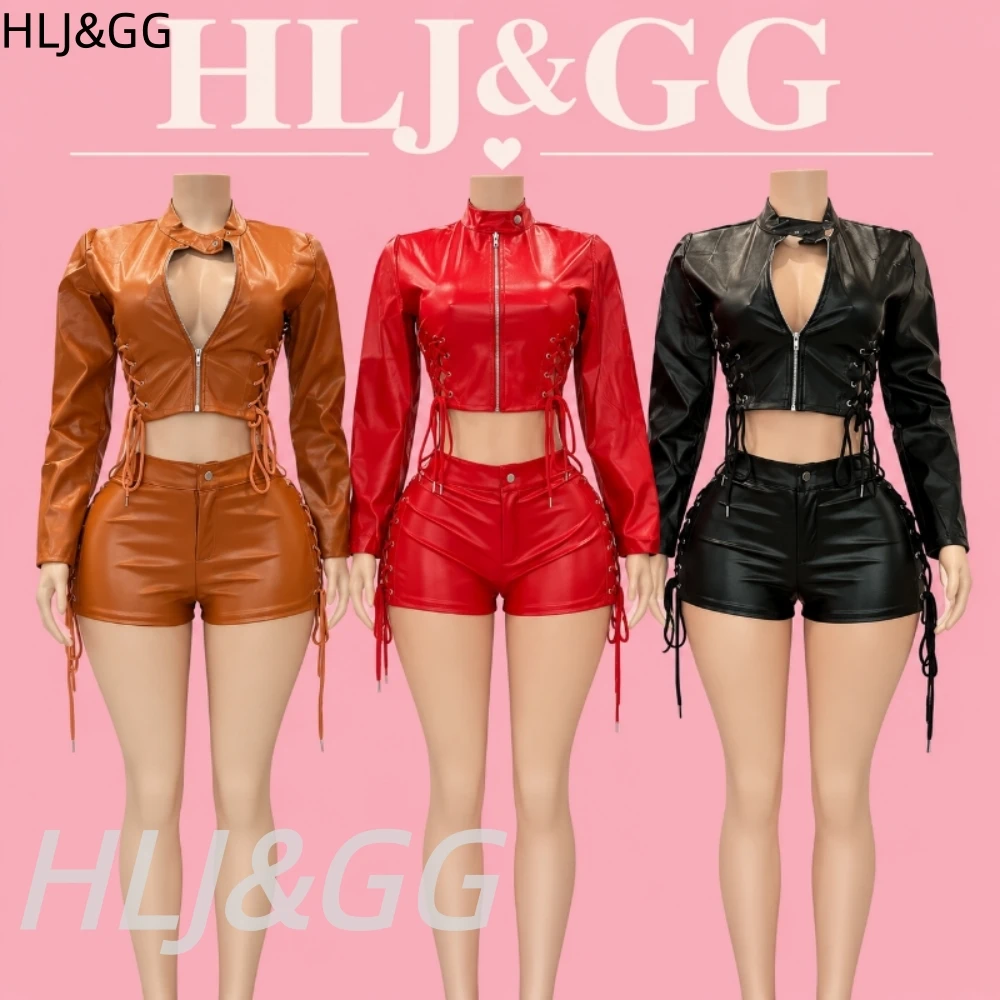HLJ&GG Women's Y2K Faux Leather Biker 2pcs Set Crop Moto Jacket Lace Up Shorts Streetwear Edgy Sexy Club Party Matching Outfits