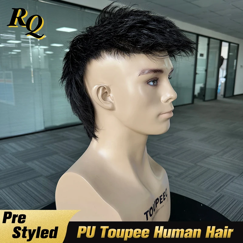 

Men's Toupee 100% Real Human Hair Pre Styled Toupee For Men Mullet PU Base Toupee Hair Replacement System Piece Protesis Male