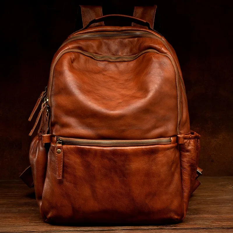 Hand-dyed genuine leather backpack, casual top-grain vegetable-tanned cowhide backpack, laptop bag for men and women