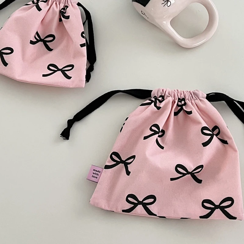 Mini sac à cordon de proximité rayé avec nœud papillon pour femmes, rangement cosmétique, poudres, portefeuille doux Kawaii, mini poudres, rangement pour filles