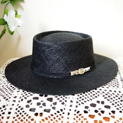 Black Straw Fedora Hats Natural Grass Sun Hat for Women Boater Hat PU Leather Wide Brim Panama Hat Beach Wedding Party Derby Hat