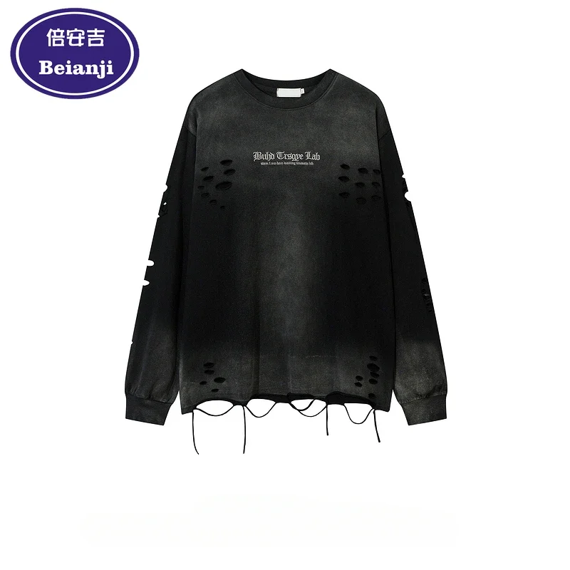 Beianji Men o-neck long sleeve destroy T-shirt male fashion vintage hiphop loose wash top small hole