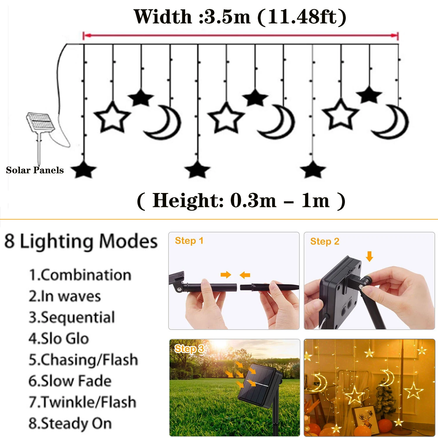 Impermeável Solar Power String Lights, Star and Moon Guirlanda, Festão ao ar livre, LED Fairy Garden Lamp, Decorações de casamento e Natal, 8 Modos