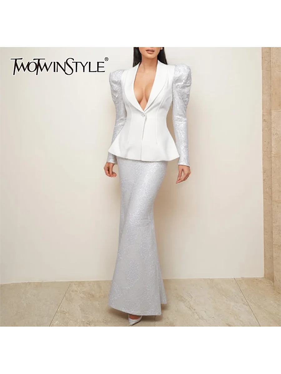 TWOTWINSTYL solide épissé paillettes deux pièces ensembles pour femmes revers manches longues tunique veste taille haute jupe élégant ensemble femme