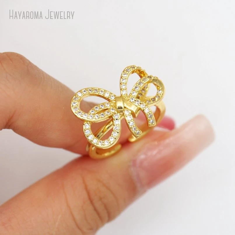 

10Pcs Copper Bowknot Gold Color Invisible Setting Wholesale Metal Cubic Zirconia Ring RM51052