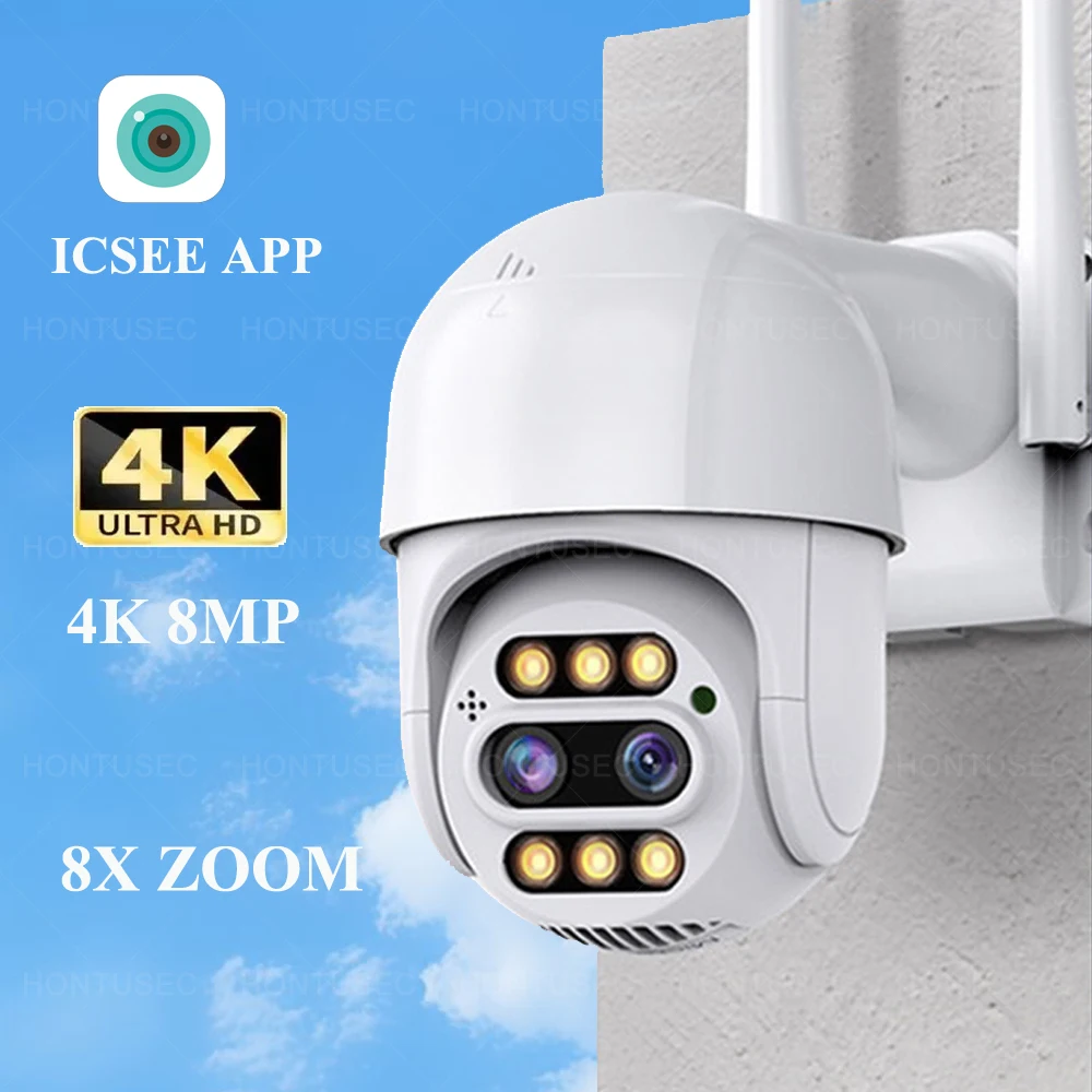 

HONTUSEC iCSee 8MP 4K IP Camera 2.8+12mm Dual Lens Outdoor PTZ Camera 8X Zoom Two Way Audio Ai Human Detection Security Camera