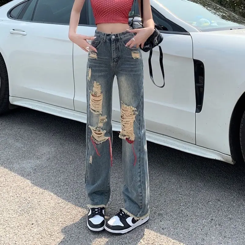 2023 New American Retro Perforated Wide Leg Jeans Women\'s Summer New High Waist Old Street Straight Tube Floor Towers Trend