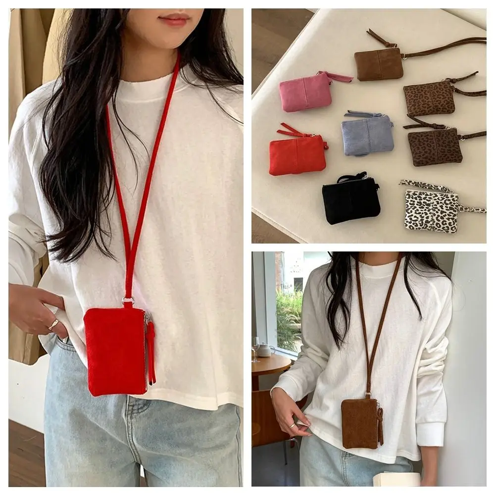 

PU Leather Suede Coin Purse Leopard Print Hanging Neck Mini Storage Bag Lipstick Earphone Pouch Card Holder Lanyard Wallet