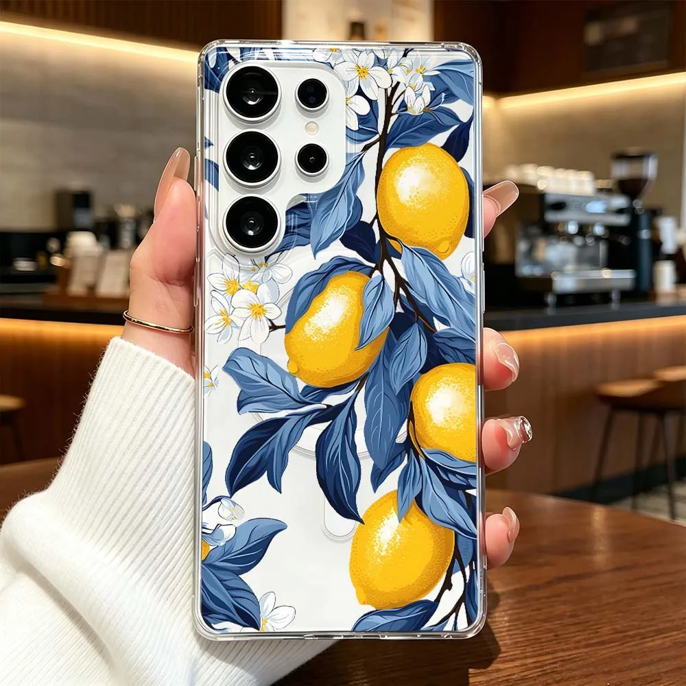 Art Blue Lemon Branch Pattern Phone Case For Samsung Galaxy S26 S25 S24 S23 S22 Ultra FE Plus A56 Transparent Magnetic Cover