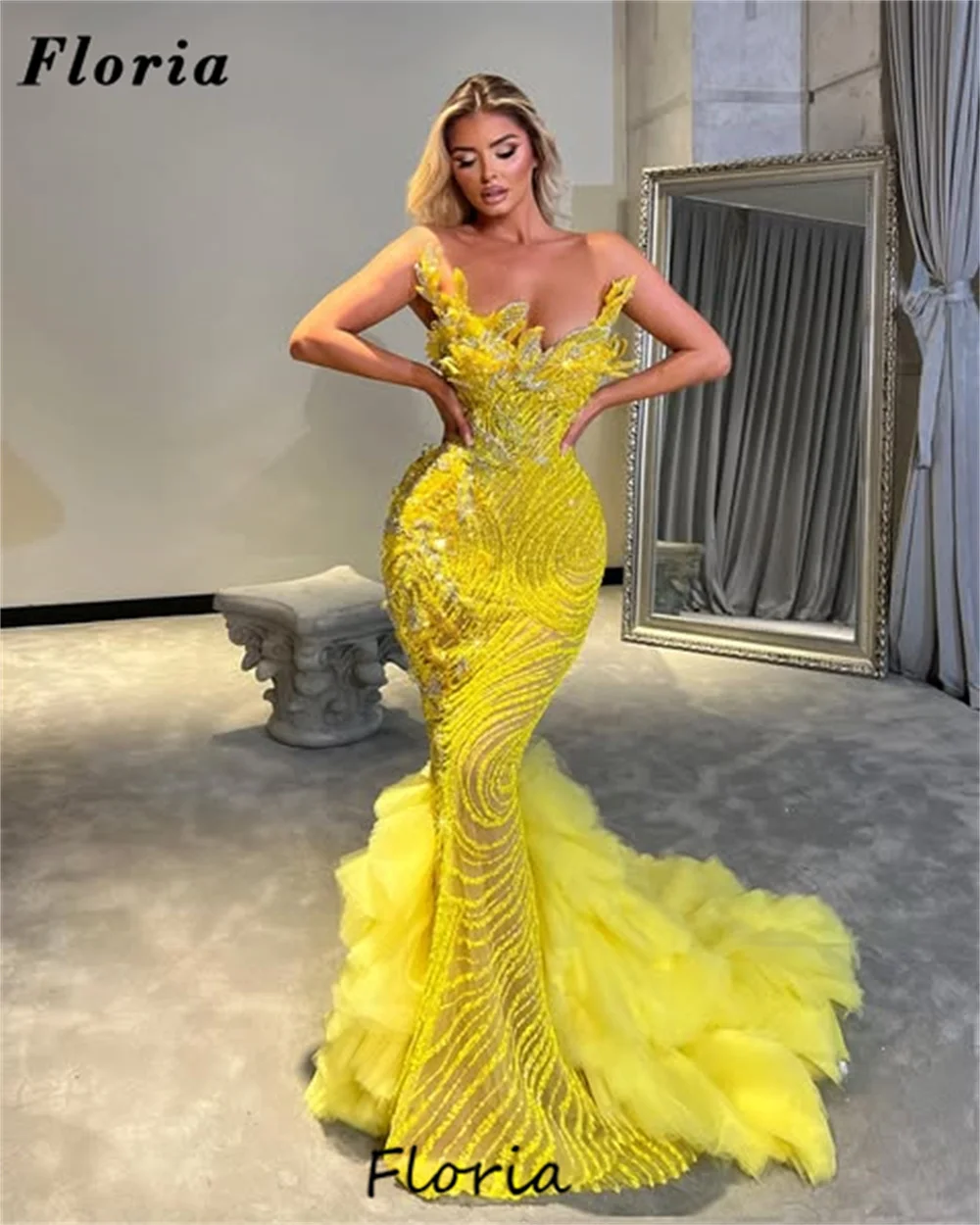 Yellow Mermaid Cocktail Dress Sweep Train Aso Ebi Beaded Crystals Prom Dress Robes De Soiree Wedding Party Dress Customized 2025