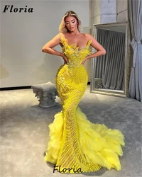 Yellow Mermaid Cocktail Dress Sweep Train Aso Ebi Beaded Crystals Prom Dress Robes De Soiree Wedding Party Dress Customized 2025