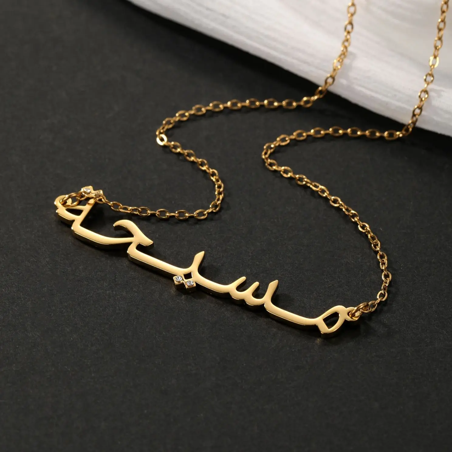 

Personalized Arabic Name Necklace with Diamond Custom Crystal Pendant Necklace Muslim 18K Gold Plated Jewelry Gift for Women