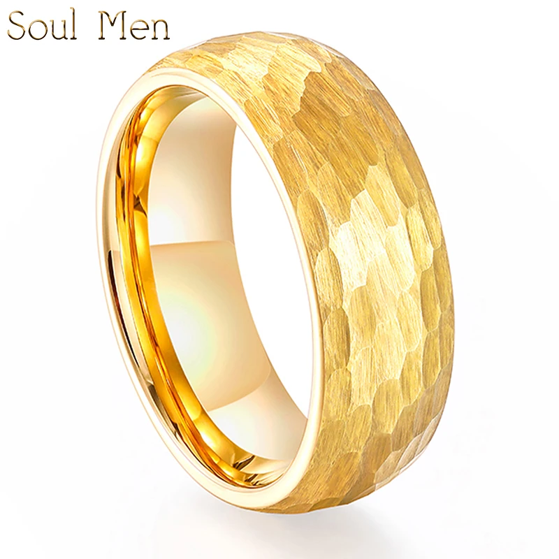 8mm Gold Color Hammered Tungsten Carbide Ring Domed Comfort Fit Engagement Ring Size 6-13