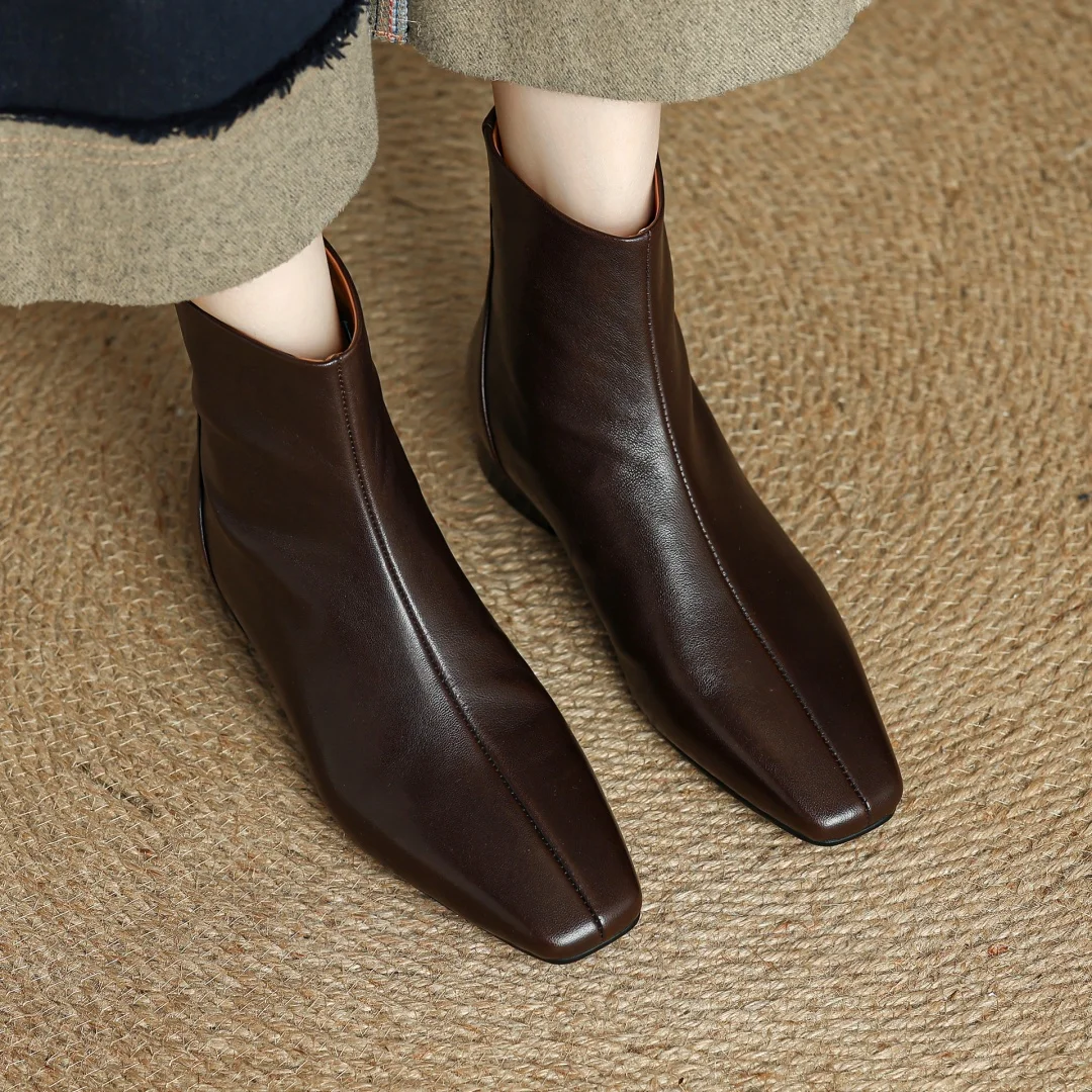 

Women's sheepskin square toe back zip autumn ankle boots casual female high quality soft comfortable flat short booties shoes