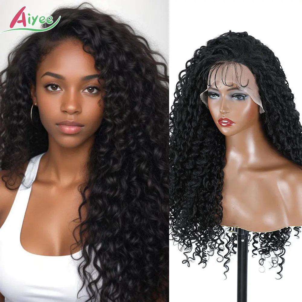 250 Density 22 Inch 13x4 HD Lace Front Wig 1B Jet Black Curly 270g Pre Plucked Natural Heat Resistant Synthetic Hairpiece Women