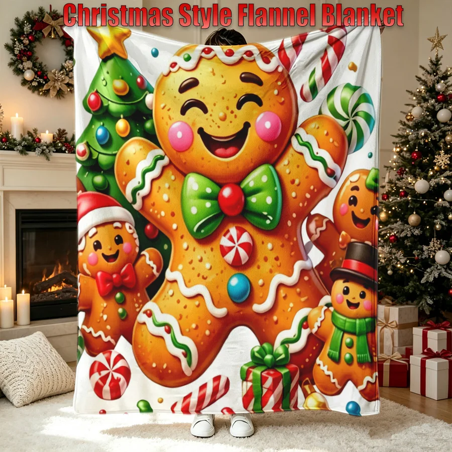 Christmas Adorable Gingerbread Man Candy Flannel Throw Blanket, Cocoa 2D Flat Single-Sided Printed Holiday Decorative Blanket