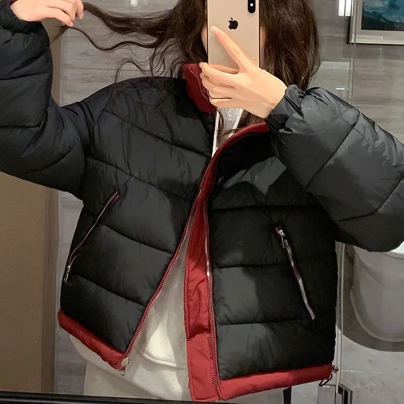 

Two Sided Down Cotton Jacket for Women in Winter 2026 New Color Blocked Stand Up Collar Short Student Bread Jacket