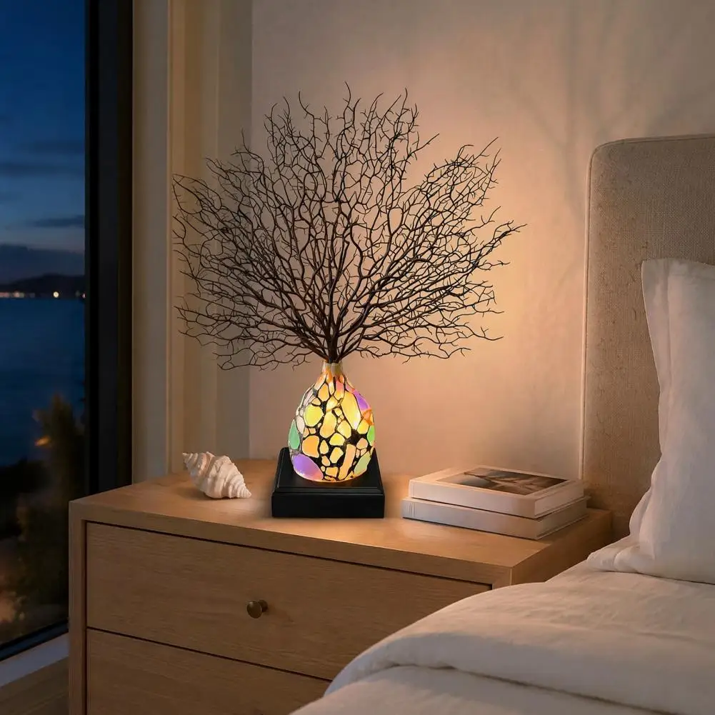Colorful Stone Accent Lamp Resin Night Light Colorful Gemstone Led Lamp Solid Wood Base Table Decor Vintage Artistic Home Office