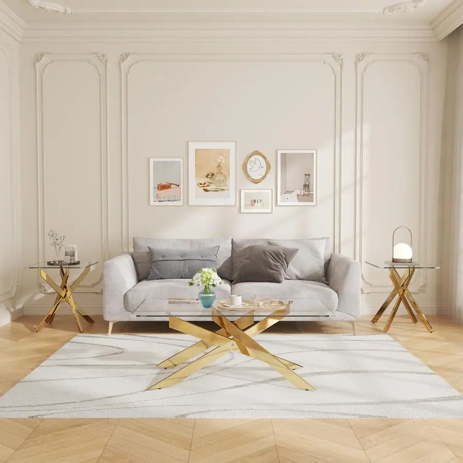 

Набор столов для гостиной, включает 1 прямоугольный стеклянный журнальный столик с 2 квадратными торцевыми столиками, набор из 3 стеклянных журнальных столиков с