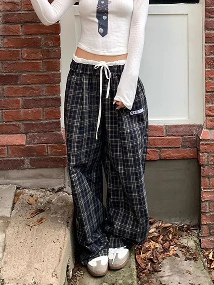 

Y2K Plaid Pants Women Vintage Loose High Waist Wide Leg Trousers American Casual Harajuku Oversize Patchwork Bf Retro Pants