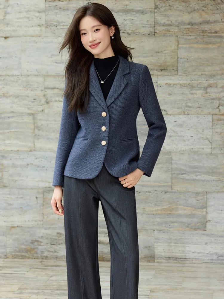 

Faionable Woolen Suit Jaet Women's Autumn Winter Slim Fit Casual High-End Feel Vintage Ladies' Commute Sle Button Detail
