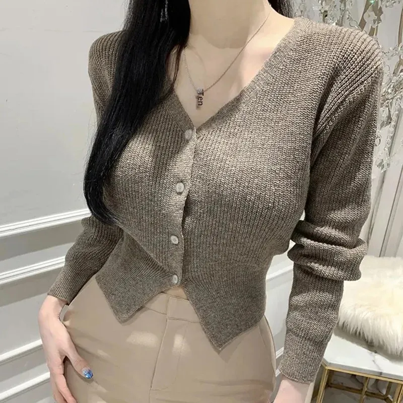 Dongdaemun Autumn/Winter New Elegant Waist-Fitted V-Neck Knitted Top Cardigan Jacket T-Shirt Women's Comfortable Long Sleeve