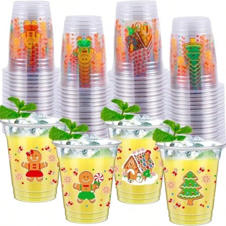 

D50 Pcs Christmas Cups 12 Oz Gingerbread Plastic Cups Clear Merry Christmas Disposable Glasses Xmas Theme Drinking Glass For Ho