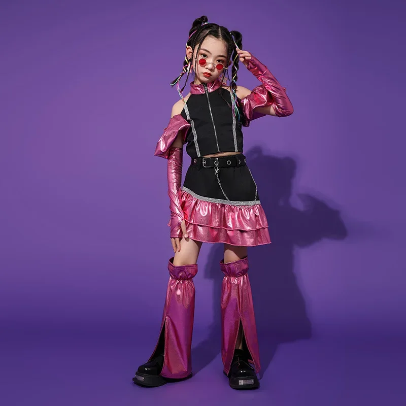 Abbigliamento alla moda per danza jazz da ragazza con pelle lucida, costumi da passerella per danza jazz di gruppo di ragazze alla moda