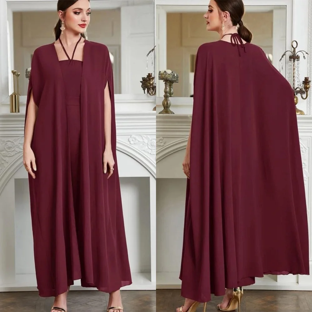 

Customized Temperament Burgundy Chiffon Evening Dress High Quality Halter Detachable Sleeve Short Sleeves Special Occasion Gowns