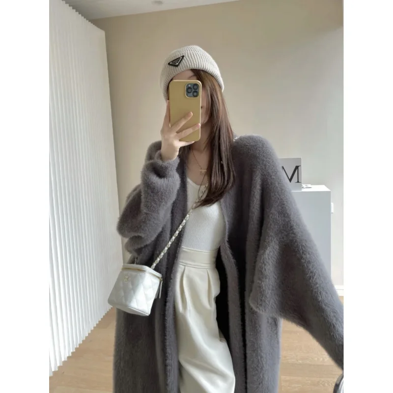 Liedow Lazy Style Long Over Knee Mink Fur Sweater Jacket For Women, Loose Autumn And Winter Knitted Cardigan Coat