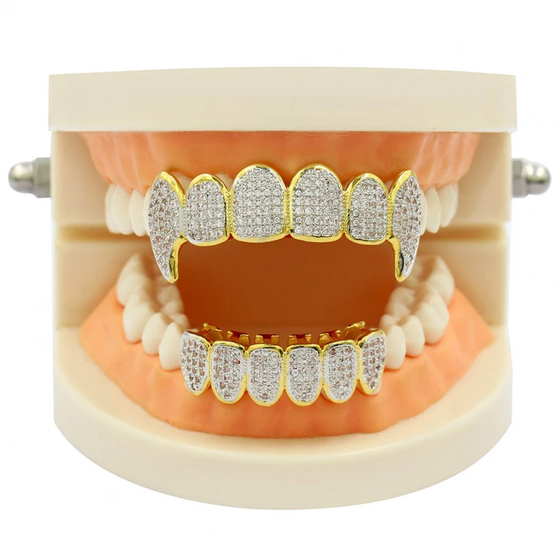 New High-End Luxury Fit Silver Plated CZ Micro Pave Top & Bottom GRILL SET Rhodium Teeth Grills Vampire Tooth Grillz Gifts