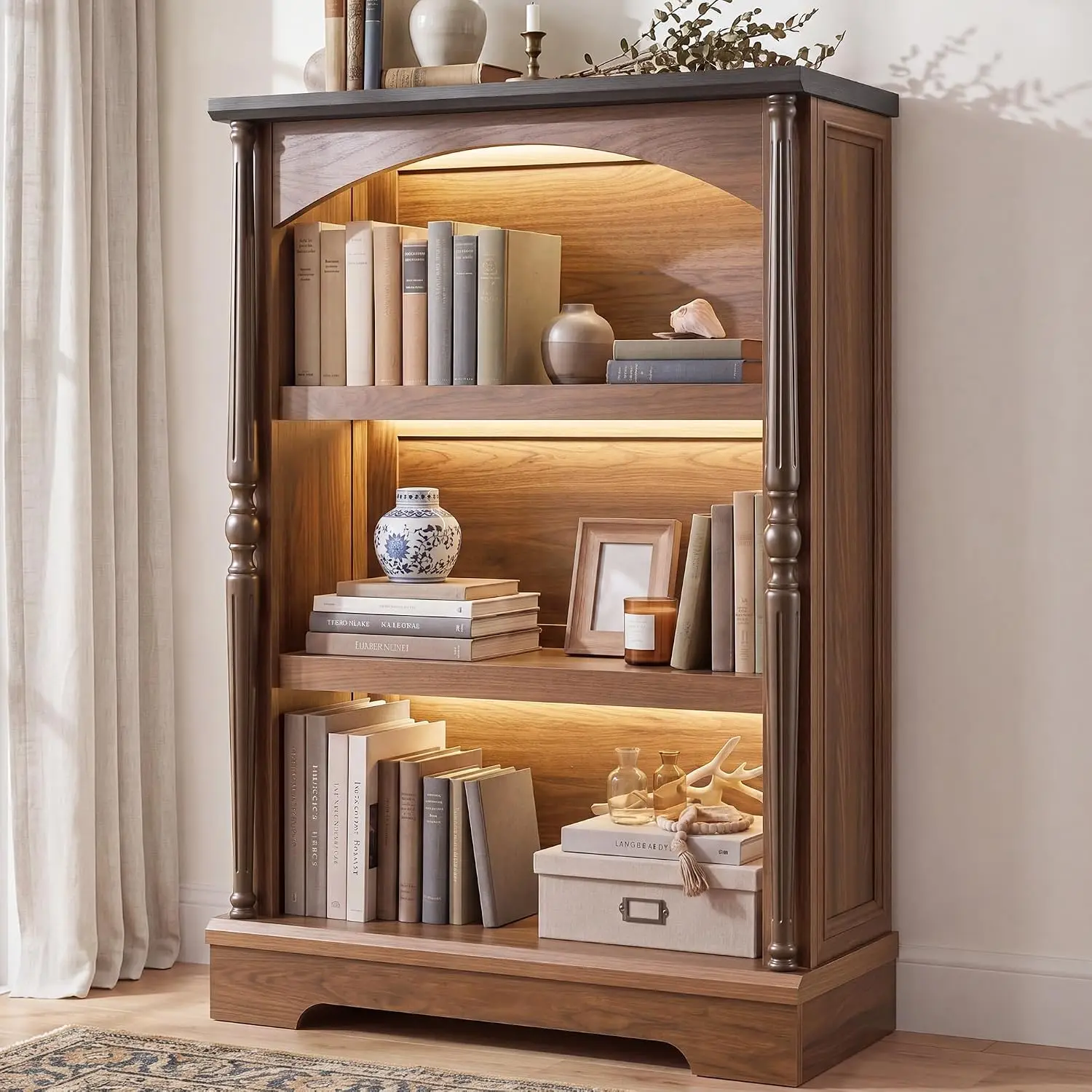 3-Tier Arched Bookcase LED Lights & Wood Columns, Open Display Shelf for Home Office & Living Room, Walnut, Customized