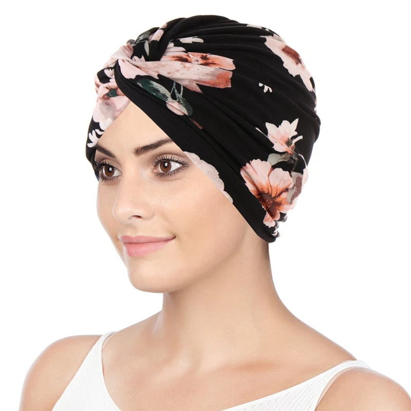 Women Fashion Hijabs Hat Flower Pattern Turban Hats Elegant Headscarf Stretchy Hair Wrap Ladies Satin Inner Cap Hair Covers New