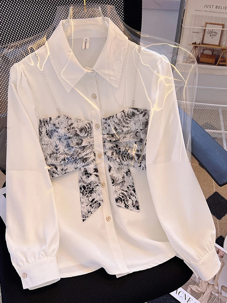 Camicia da donna coreana versatile e chic in tinta unita coreana con maniche a palloncino con fiocco per unghie in due pezzi di nuova moda primaverile