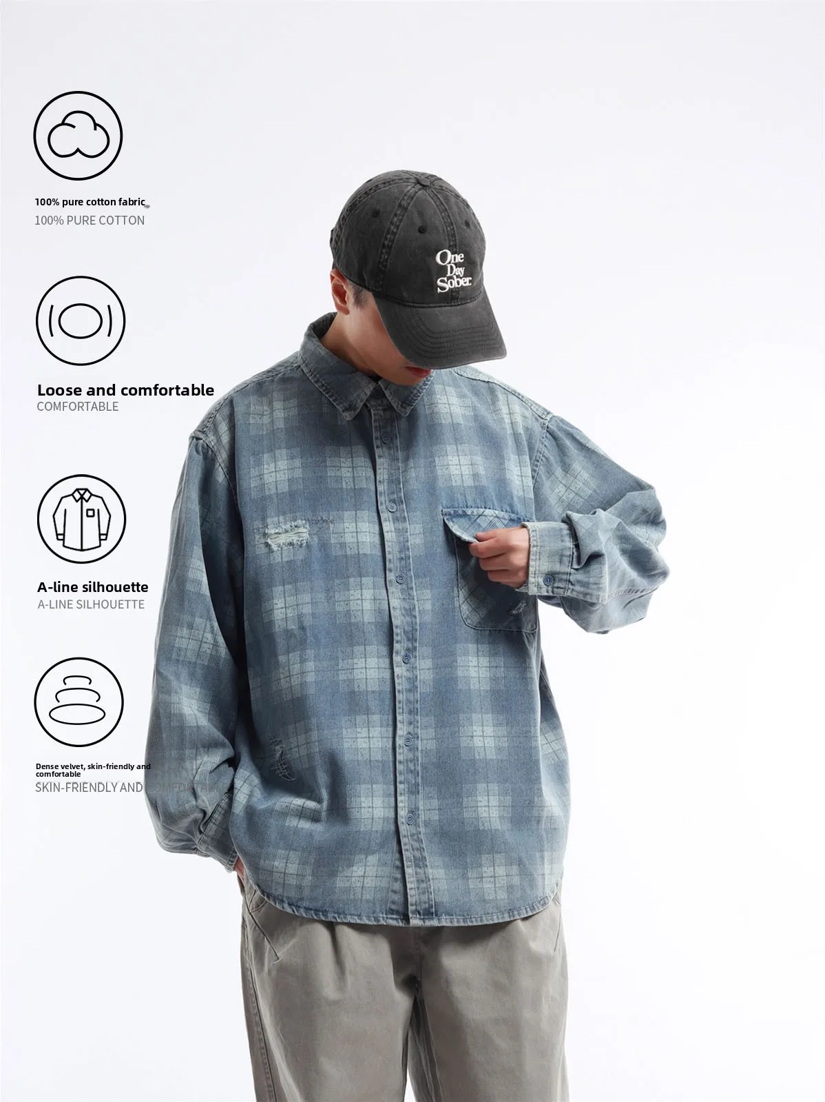 Retro Japanese Washed Blue Distressed Loose Shoulder Jeans Shirt Men's Open Cardigan Style Cotton Long Sleeve Youth Fashion