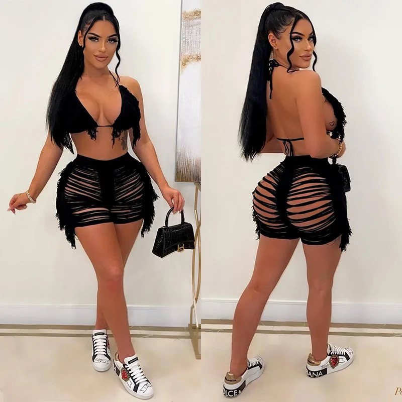 

Трикотажный комплект бикини из 2 предметов, женский сексуальный комплект с шортами с вырезами и кисточками, модная пляжная одежда, наряд, Женская пляжная сексуальная одежда