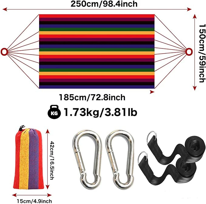 Hamac de camping portable, avec sac de transport, deux mousquetons métalliques anti-roulis et sangles d\'arbre