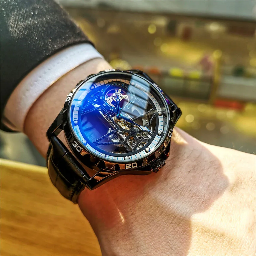 Luxury Men Watches Automatic Mechanical Wristwatch Skeleton Design Waterproof Leather Strap Male Watch Reloj Hombre AOKULASIC