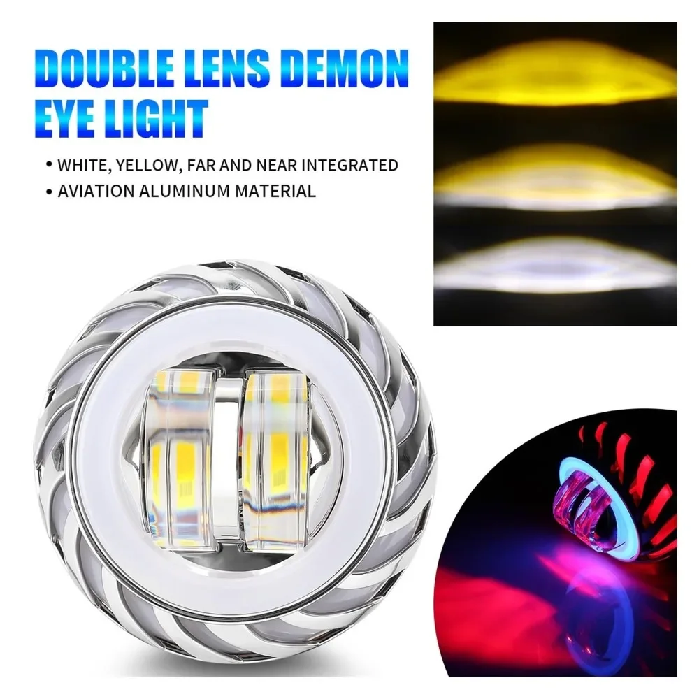 Car Motorcycle 2000LM Headlight LED Angel Devil Eyes Headlight Projector Lens High/Low Beam Strobe Spotlight DRL Dual Halo Lamp