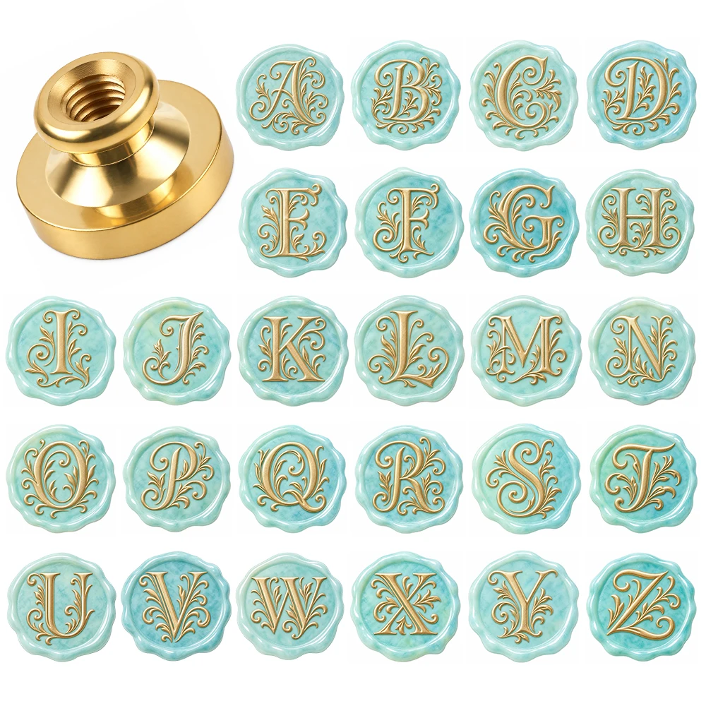 1Pc 2.5Cm Vintage A-Z Alphabet Wax Seal Stamp Head Floral Monogram Letter Brass Sealing Stamp for Wedding Invitation Envelope