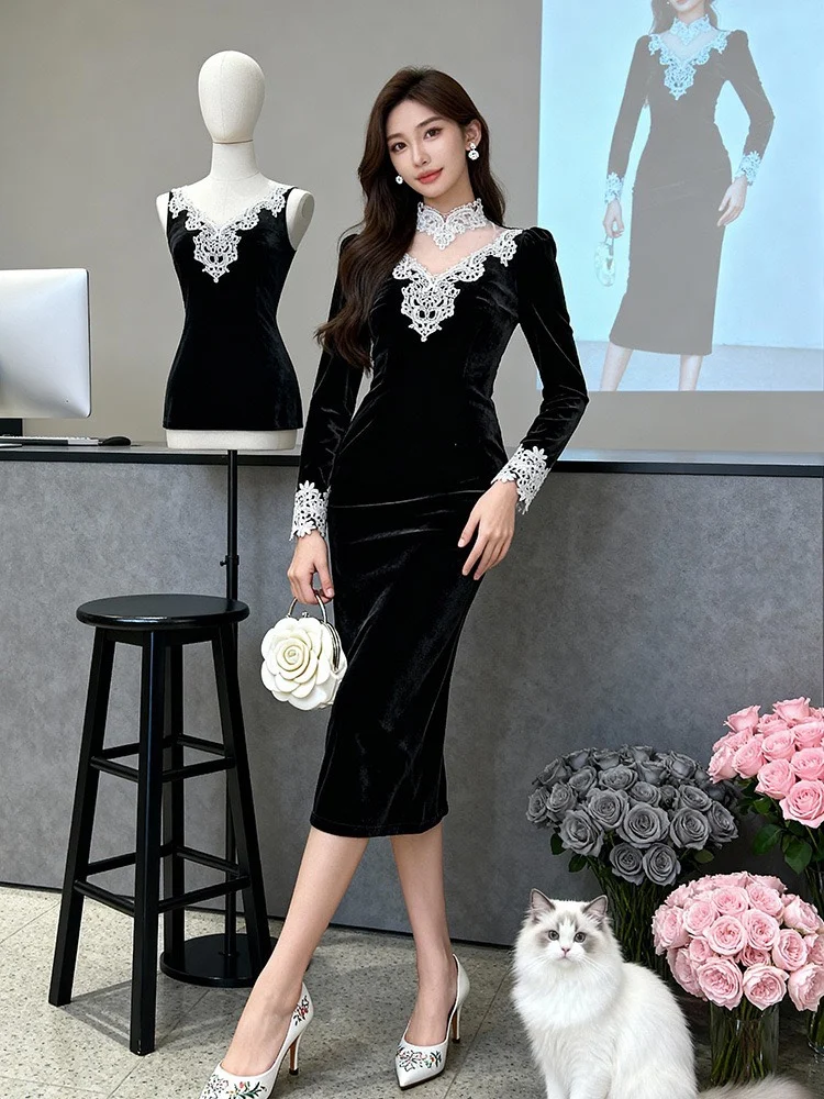 

Бархатное кружевное бальное платье для похудения Dr, женское осенне-зимнее элитное платье Ele Ci Commute Date, повседневное длинное платье на молнии...