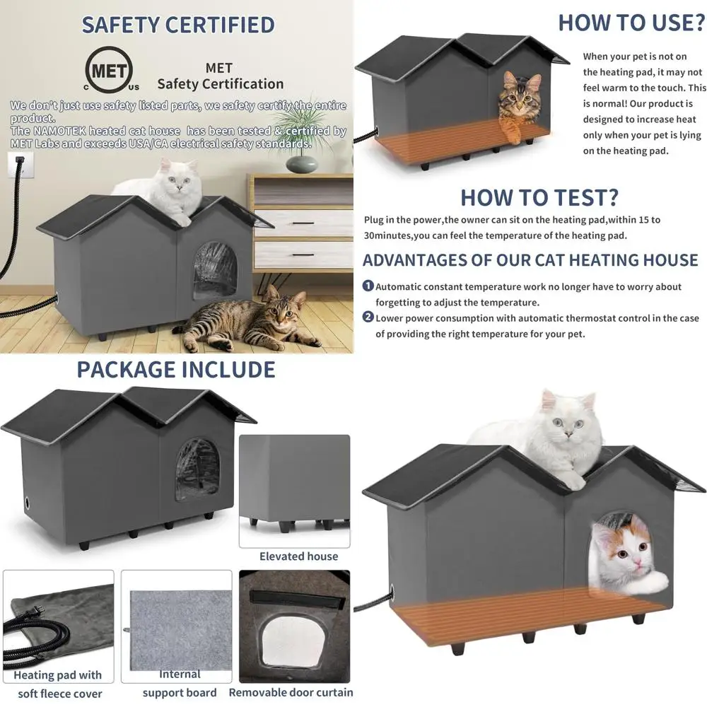 

Elevated Waterproof Insulated Cat House with Heated Bed for Indoor/Outdoor Use, Suitable for Feral Cats, Easy Assembly, Large Si