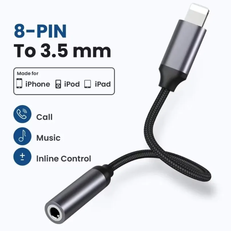 8-Pin to 3.5mm Stereo Audio Transfer Cable Headset Jack Conversion Connector for iPhone 14 13 12 11