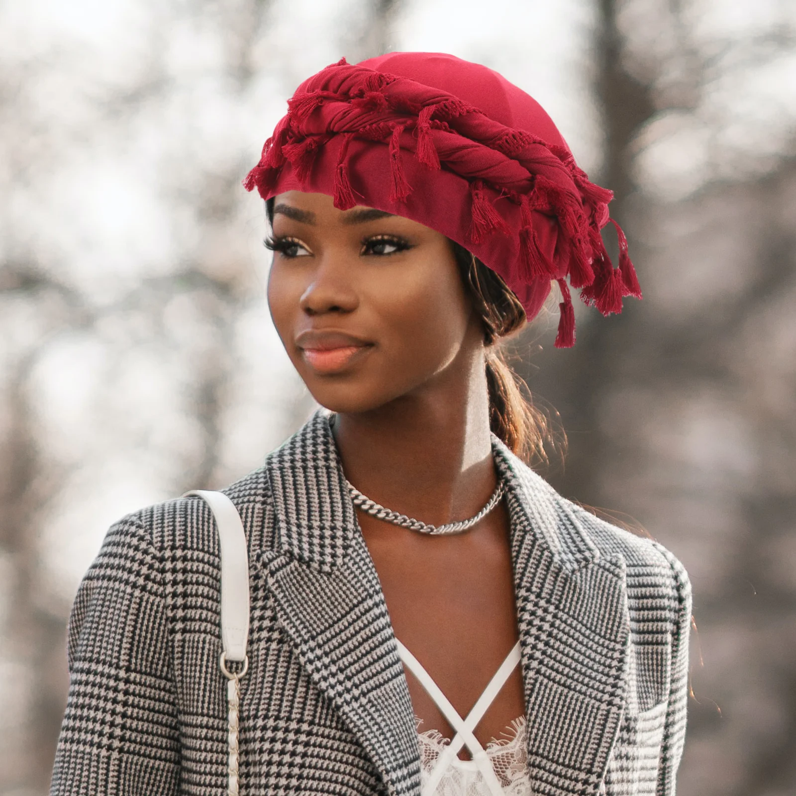 

Men Hair Turban Elastic Twisted Breathable Stretchy Modal Fiber Hat Tassel Pullover Red M Size Male Rider Cap