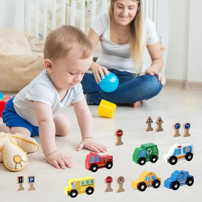 Conjunto de carro de madeira para crianças, trem magnético de madeira, brinquedo educacional para aprendizagem, simulação de desenho animado, transporte, conjunto de carro de madeira