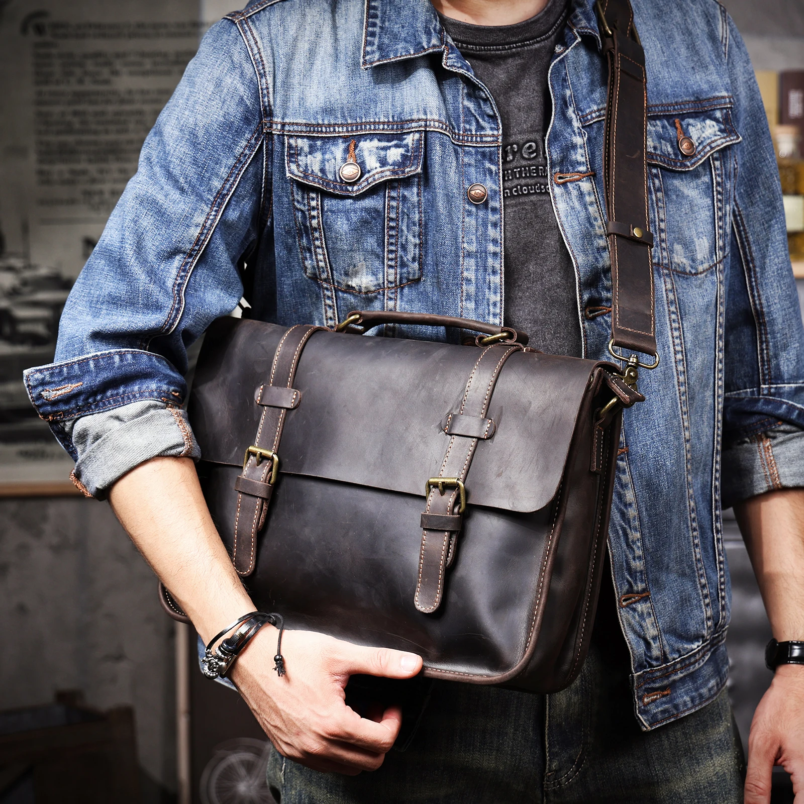 Vintage handgefertigte Aktentasche aus Crazy-Horse-Leder für Herren, echte Leder-Umhängetasche, Dual-Use-Laptop-Rucksack – Detail 4